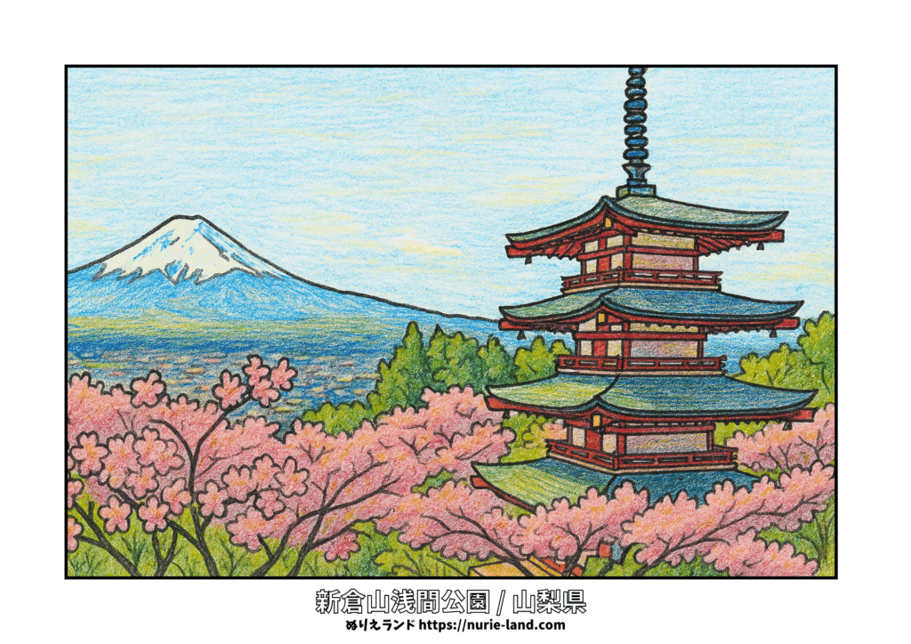 新倉山浅間公園／ぬりえ／春の富士山と桜と五重塔／高齢者向け／無料／色鉛筆風／塗りやすい
