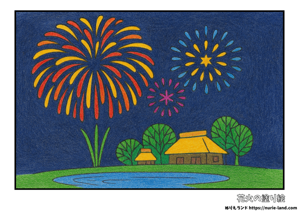 花火の塗り絵｜7月の夜空を彩る夏の風景｜高齢者向け無料ダウンロード