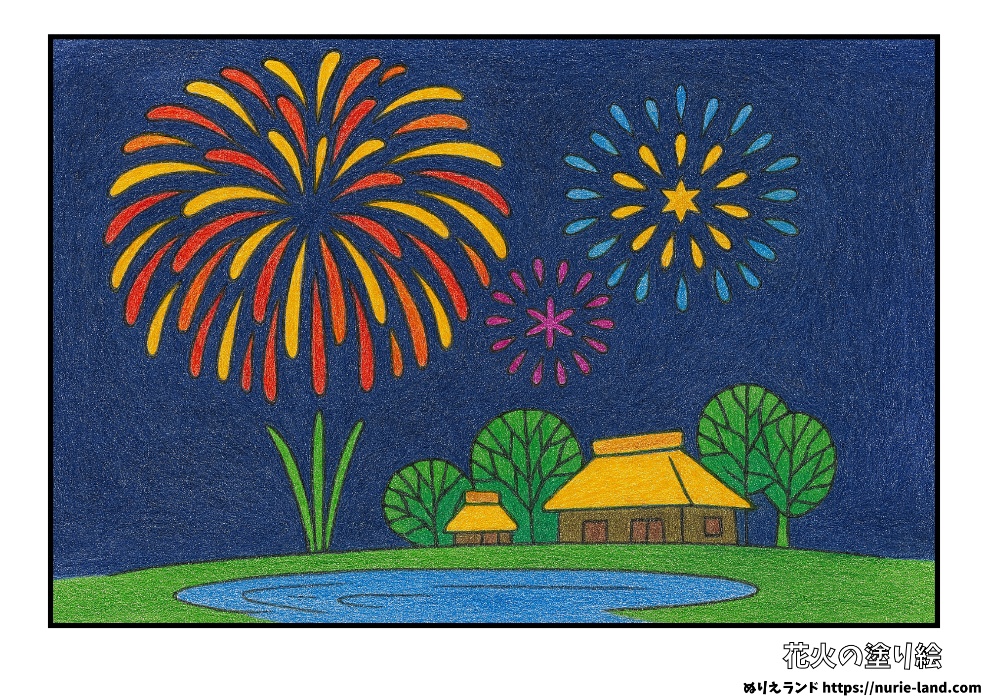 花火の塗り絵|7月の夜空を彩る夏の風景|高齢者向け無料ダウンロード