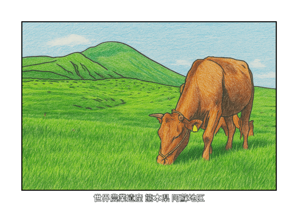 熊本・阿蘇の草原にたたずむ牛と山々を色鉛筆風に描いた大人向け塗り絵。世界農業遺産の風景が楽しめる無料素材。