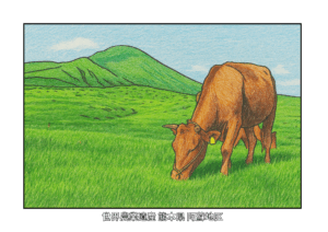 熊本・阿蘇の草原にたたずむ牛と山々を色鉛筆風に描いた大人向け塗り絵。世界農業遺産の風景が楽しめる無料素材。