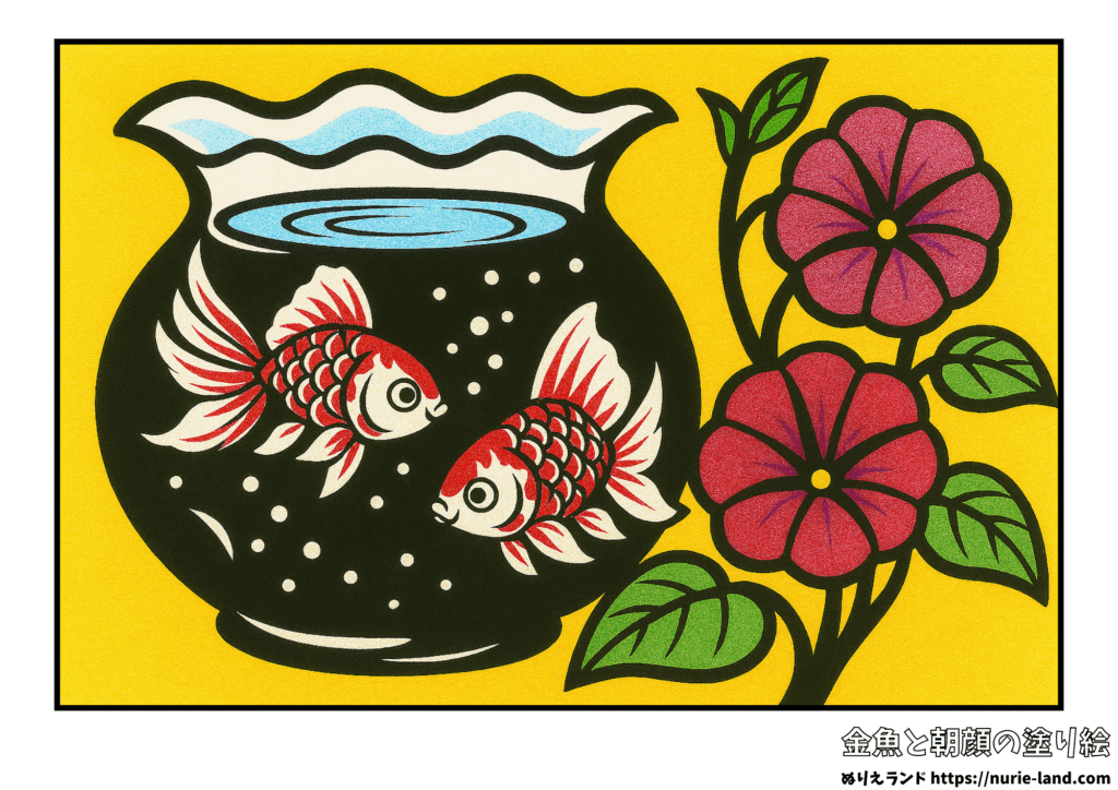 高齢者向け無料塗り絵｜金魚鉢と夏の朝顔｜7月・8月に最適な見本付き