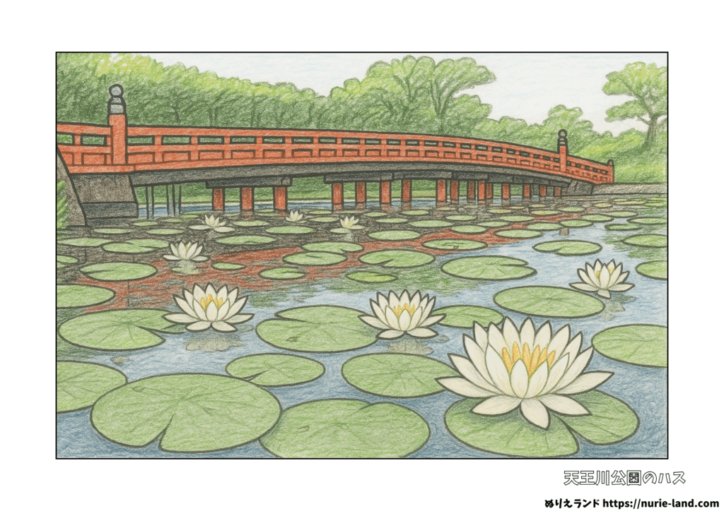8月の無料ぬりえ｜高齢者向け｜天王川公園の蓮と赤い橋の風景