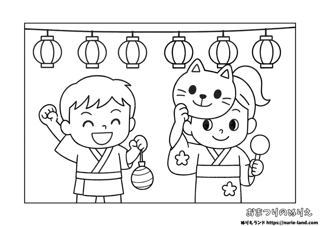 7月・8月にぴったり｜おまつりとお面のぬりえ｜子供も楽しめる無料素材