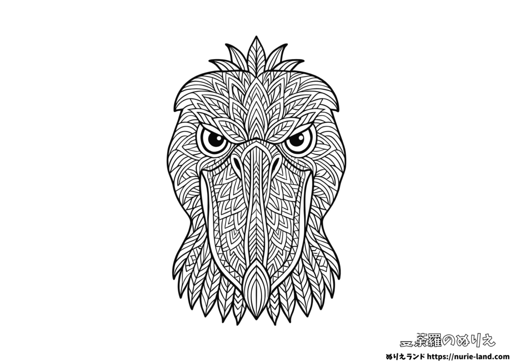 ハシビロコウの曼荼羅塗り絵｜顔アップで描く神秘の鳥｜大人向け無料ダウンロード