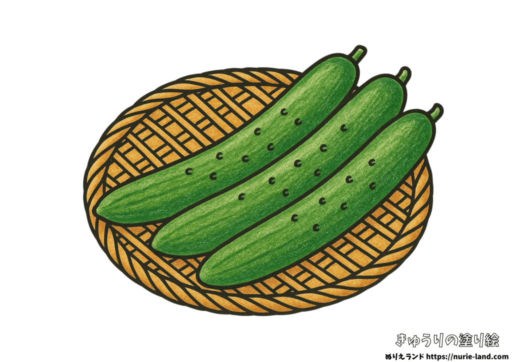 きゅうり 塗り絵｜夏野菜3本をザルにのせて｜7月・8月の高齢者向け見本付きぬりえ