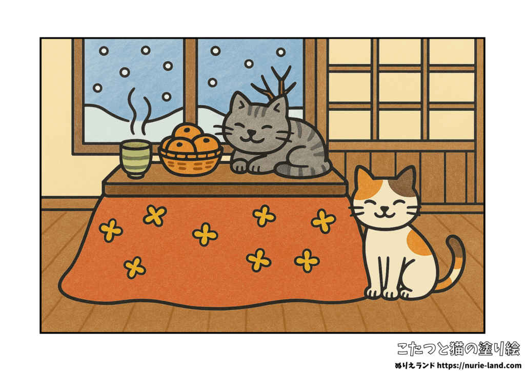 12月・1月の塗り絵｜こたつとみかんと猫の冬風景｜高齢者向け・見本付き無料ダウンロード