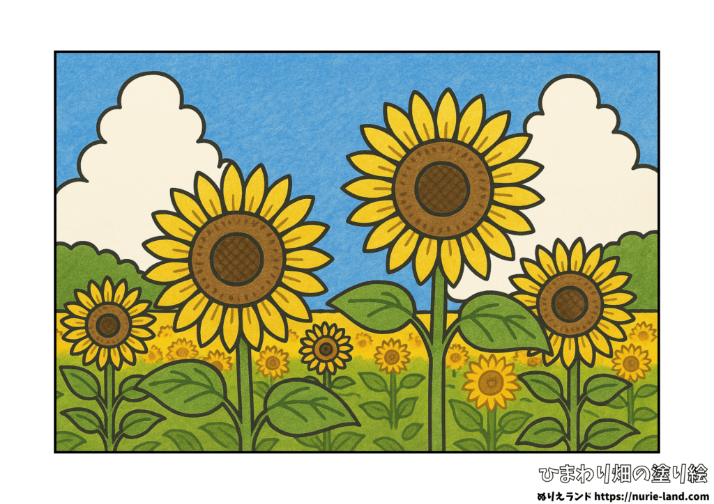 8月の塗り絵｜ひまわり畑と青空の夏風景｜高齢者向け・見本付き無料ダウンロード