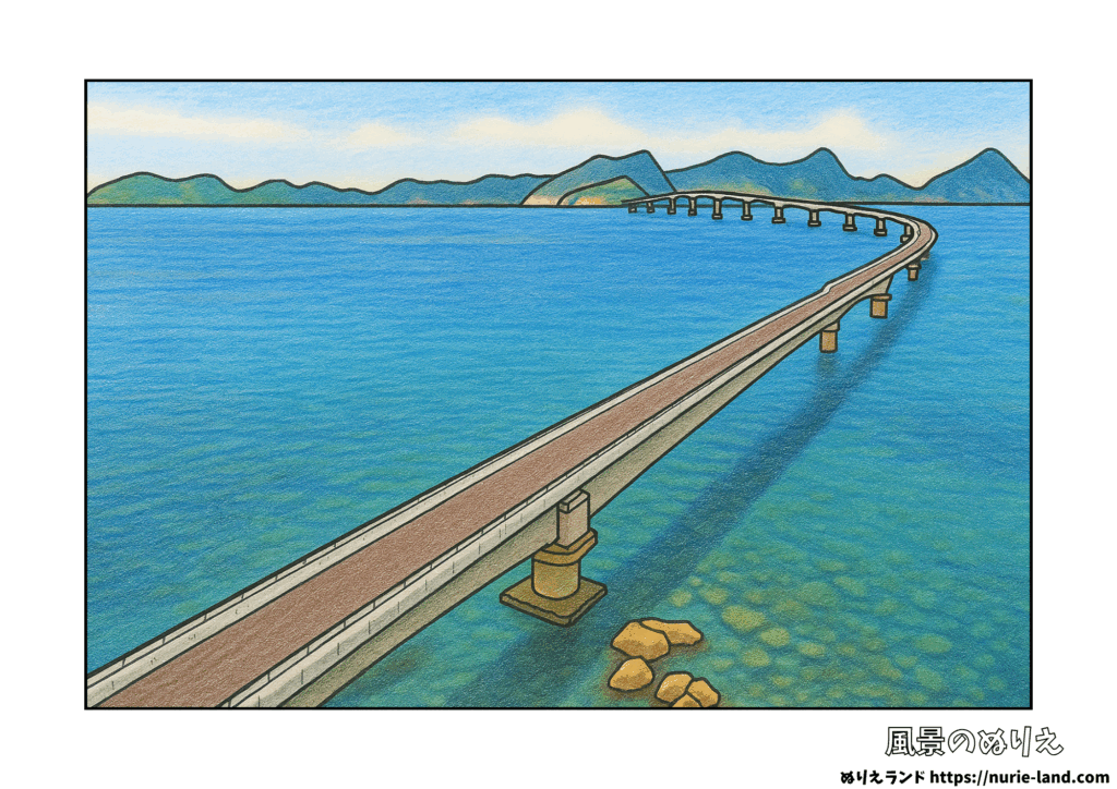 夏の甑大橋を描いた高齢者向けぬりえ。青い海にかかる橋と島影が印象的な線画素材。