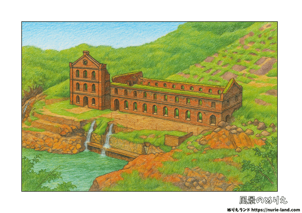 曽木発電所遺構のぬりえ見本付｜夏の歴史を感じる風景｜高齢者向け無料ダウンロード