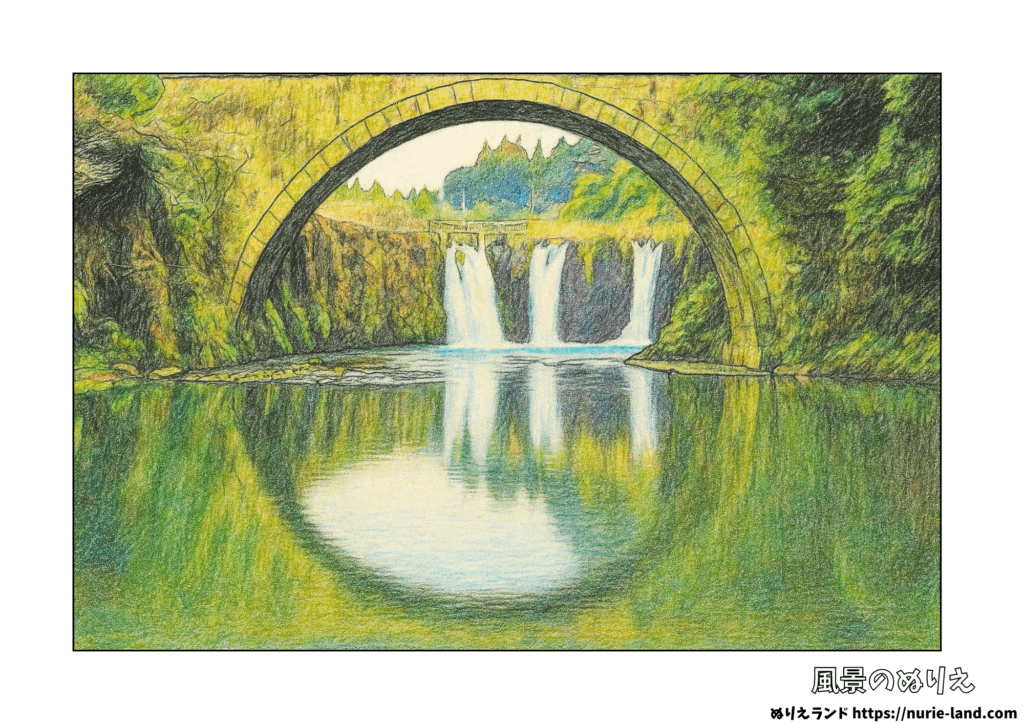 鹿児島の名所・金山橋｜涼しげな滝と橋の塗り絵｜高齢者向け無料素材