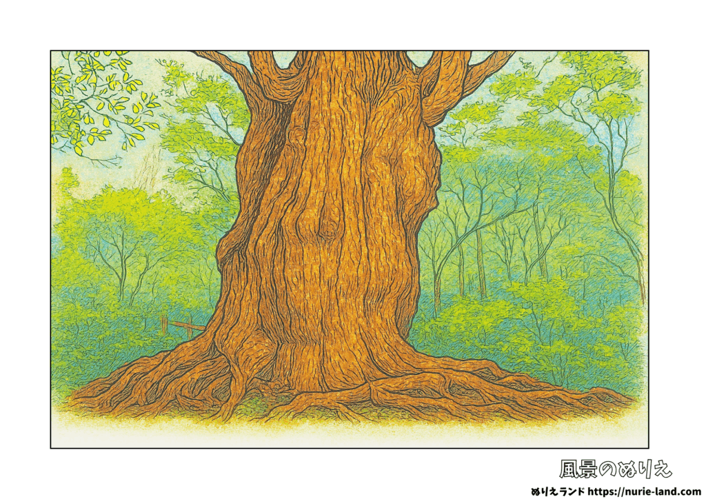屋久杉の塗り絵｜夏の森で神秘の巨木を彩る｜高齢者向け無料ダウンロード