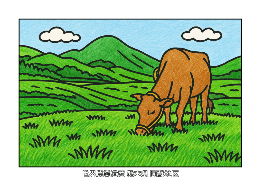 熊本・阿蘇の草原にたたずむ牛と山々を色鉛筆で塗った高齢者向けぬりえ。塗りやすい太線で、自然を感じられる無料素材。
