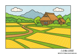 大分県田染荘の秋景色を色鉛筆で描いた高齢者向け塗り絵。棚田と古民家、山並みが自然に続く構図。無料ダウンロード素材