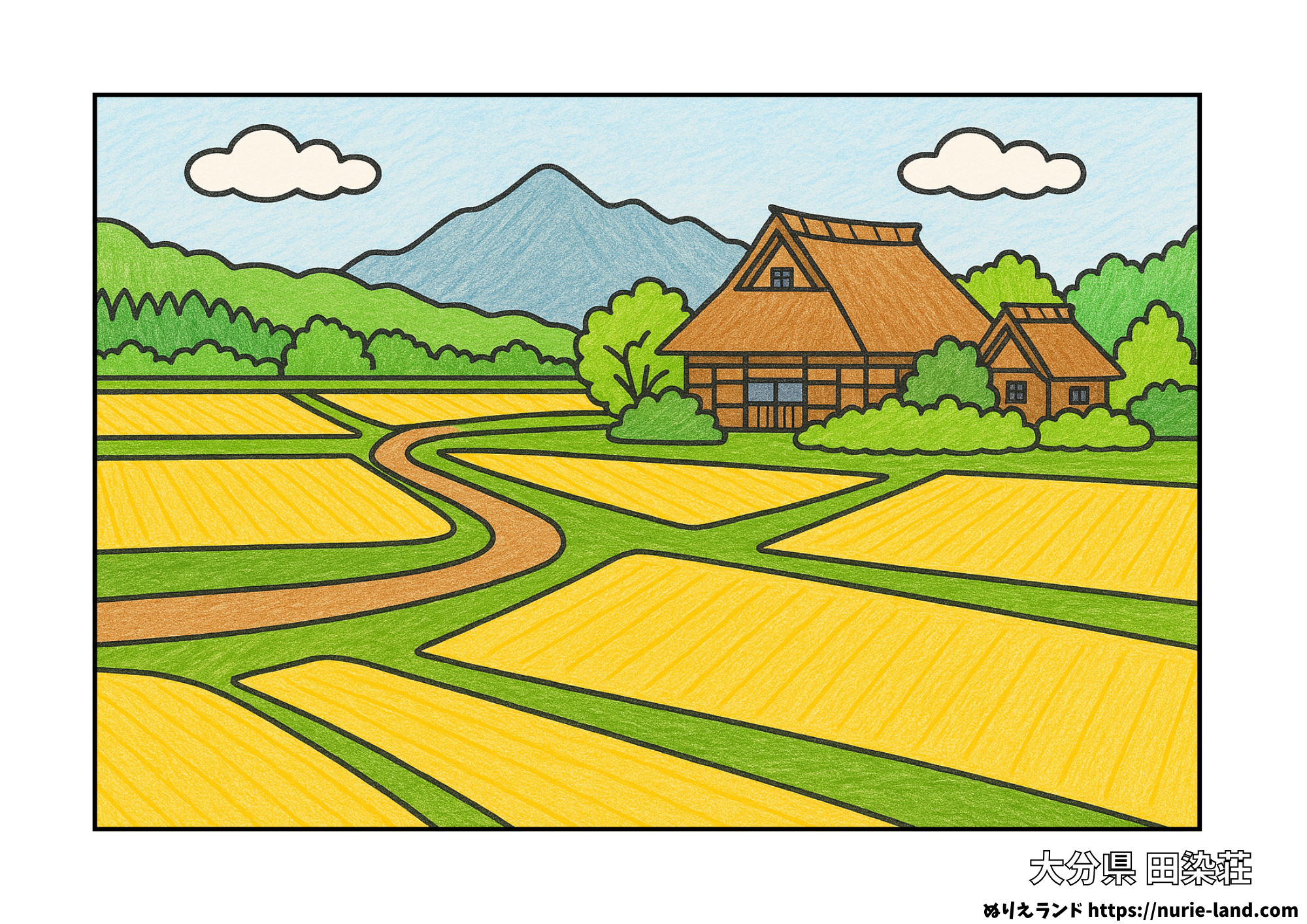 大分県田染荘の秋景色を色鉛筆で描いた高齢者向け塗り絵。棚田と古民家、山並みが自然に続く構図。無料ダウンロード素材