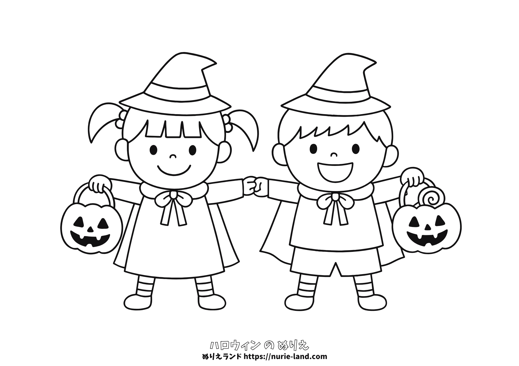 マントを着た子供のハロウィンぬりえ｜幼児向け10月行事素材｜簡単でかわいい仮装｜無料印刷・ダウンロード用