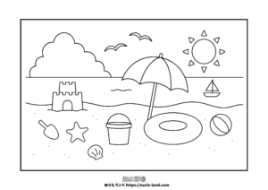 海水浴場のぬりえ｜夏休みの海と砂浜にパラソルと砂のお城｜幼児向け｜かわいい｜無料ダウンロード