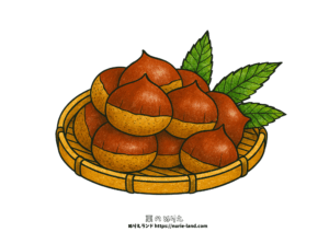 栗の塗り絵｜秋の味覚を描く無料素材｜高齢者向け｜ざるに盛られた栗と葉｜太線で塗りやすい｜色鉛筆着彩に最適