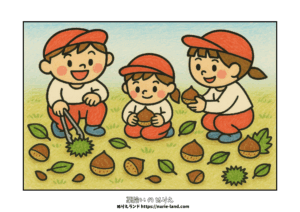 栗拾い／ぬりえ／秋／高齢者・幼児向け／無料／太線／塗りやすい／かわいい構図／自然あそび