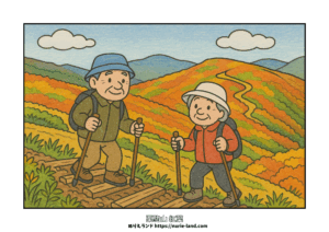 栗駒山の登山ぬりえ｜秋の山と高齢者｜色鉛筆見本付き｜紅葉の風景｜高齢者向け無料塗り絵素材