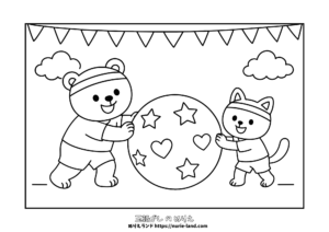 親子で大玉転がしをするくまとねこのぬりえ｜幼児向け運動会｜かわいい無料ダウンロード｜9月10月秋行事
