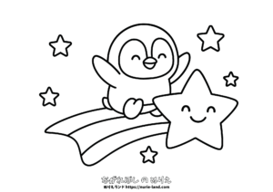 ペンギンと流れ星のぬりえ｜幼児向け｜7月｜夏の夜空｜無料ダウンロード｜簡単でかわいいぬりえ素材