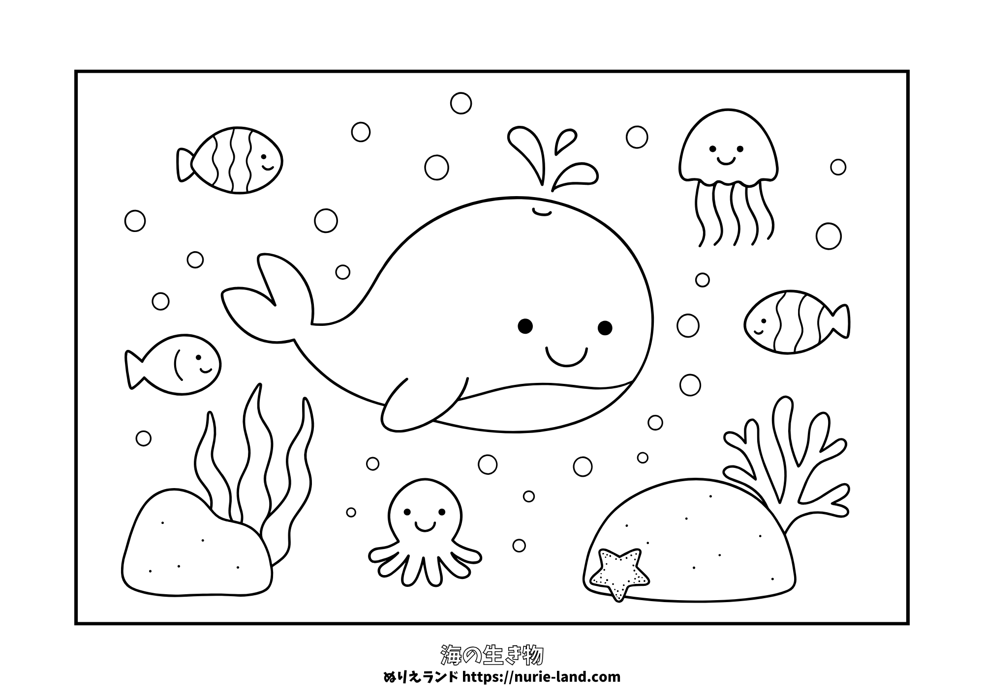 海の生き物ぬりえ｜かわいいクジラと魚たちが泳ぐ海底探検｜幼児向け｜無料ダウンロード