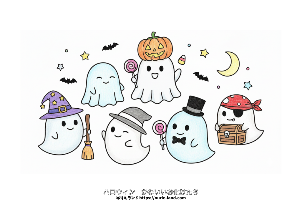 かわいいお化けの塗り絵｜子供向け／ハロウィン／簡単で楽しい／無料ダウンロード素材