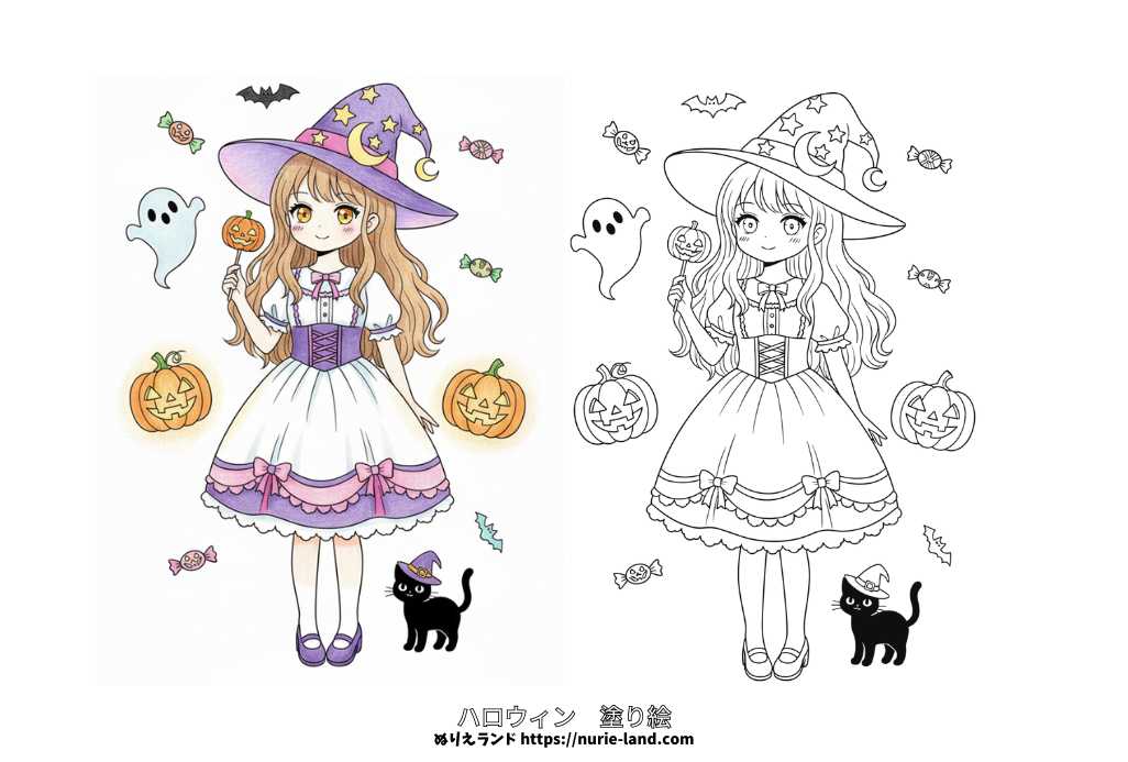 魔女コスプレの女の子ぬりえ｜ハロウィンを楽しむかわいい塗り絵素材／無料ダウンロード