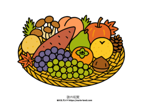 秋の収穫かごのぬりえ｜秋の味覚（さつまいも・柿・ぶどう・栗）を描いた高齢者向け無料素材｜9月10月11月に最適、見本付き