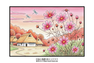 コスモスと古民家の里山風景を描いた高齢者向け塗り絵｜秋に無料ダウンロードできる季節の線画素材と見本