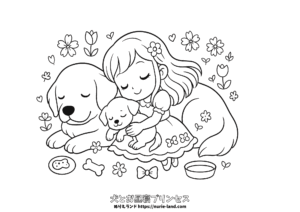ぬりえ素材｜子供と犬のお昼寝イラスト｜幼児向け｜春の無料ダウンロード用線画
