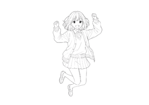 ジャンプする女子学生の塗り絵｜春服制服｜子供向け｜無料ダウンロード素材｜ぬりえランド用