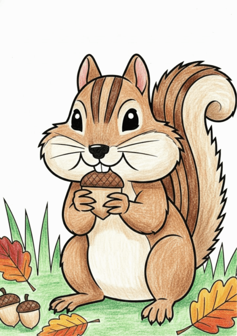 Squirrel and acorns autumn coloring page - color sample, free download