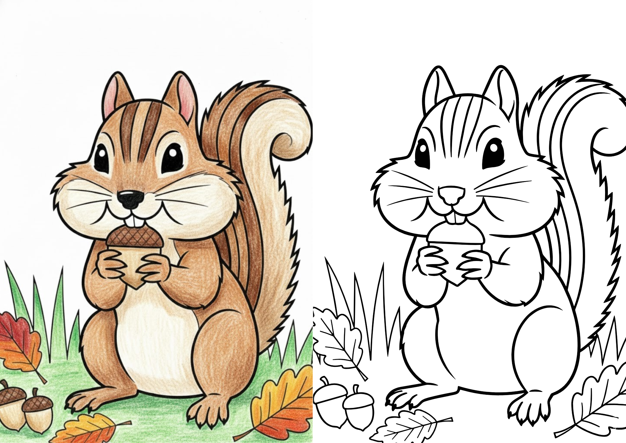 リスとどんぐりの秋ぬりえ|かわいい動物イラスト|見本付き|子供向け無料ダウンロード