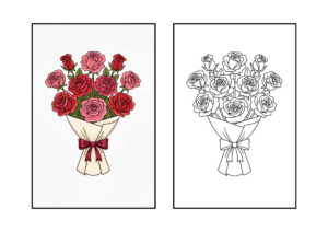 バラの塗り絵｜高齢者向け｜塗りやすい太線で花束を表現｜無料ダウンロード素材