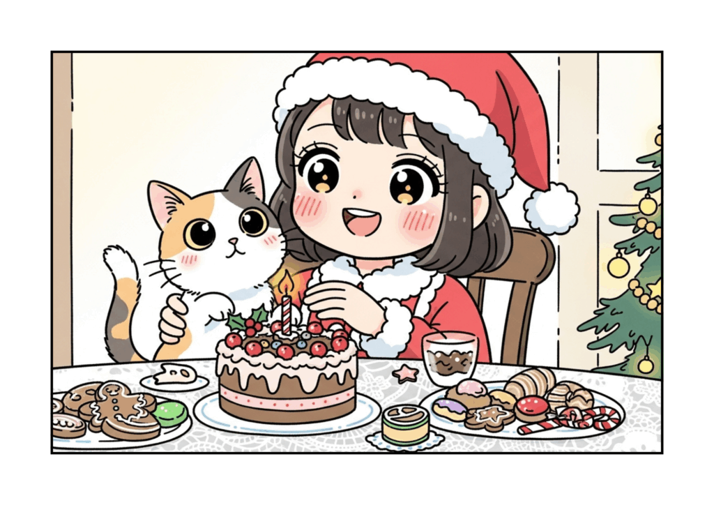 クリスマスケーキと女の子と猫の無料ぬりえイラスト｜幼児向け｜簡単でかわいい｜冬のイベント｜ダウンロード