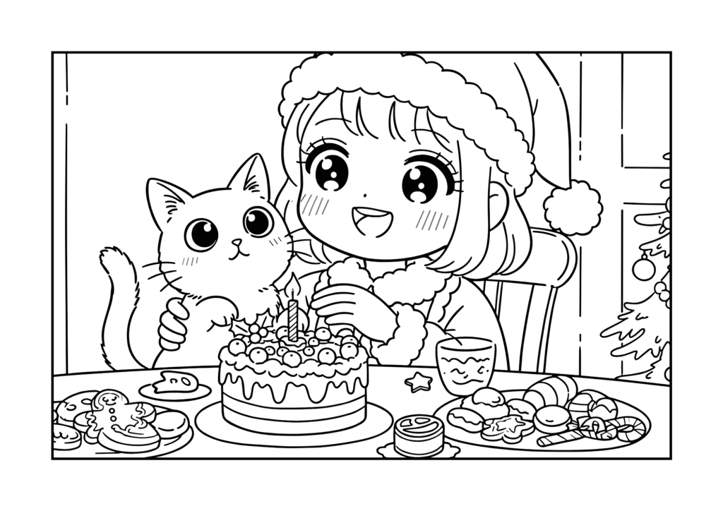 クリスマスケーキと女の子と猫の無料ぬりえイラスト｜幼児向け｜簡単でかわいい｜冬のイベント｜ダウンロード