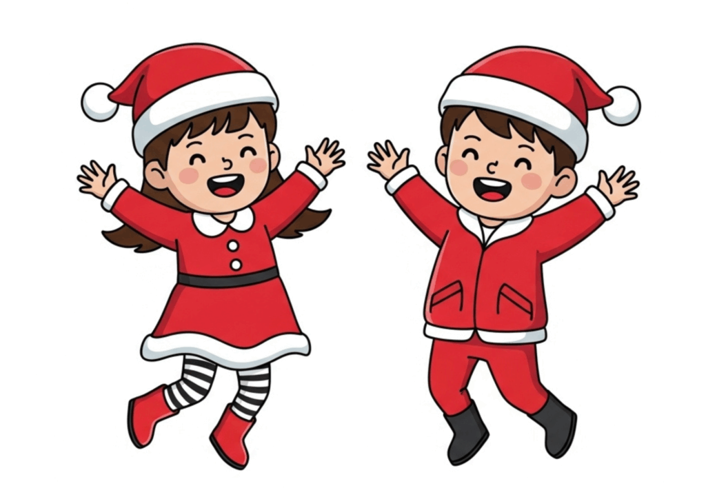 サンタ服の子どもたちのぬりえ｜元気いっぱいのクリスマスイラスト【幼児向け無料素材】