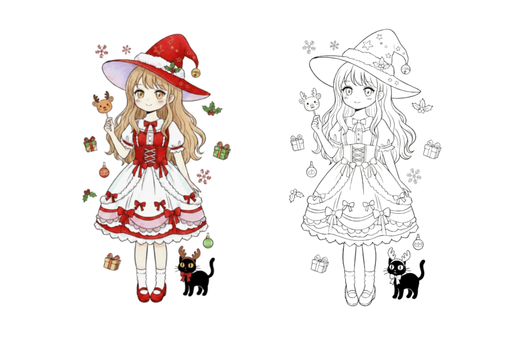 クリスマス魔法の女の子の塗り絵｜幼児向け｜かわいいサンタ風ドレスと黒ねこ｜無料ダウンロード