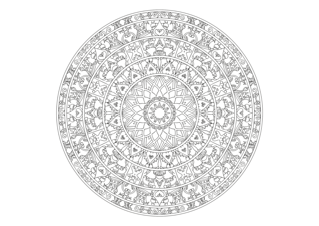 クリスマス模様の曼荼羅ぬりえイラスト｜大人向け｜繊細で美しい｜冬の癒し素材｜無料ダウンロード