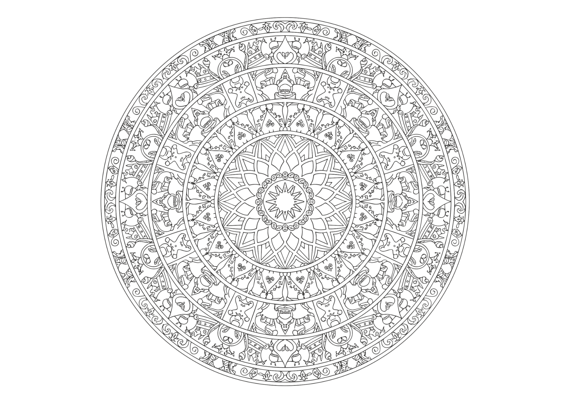 クリスマス模様の曼荼羅ぬりえイラスト|大人向け|繊細で美しい|冬の癒し素材|無料ダウンロード