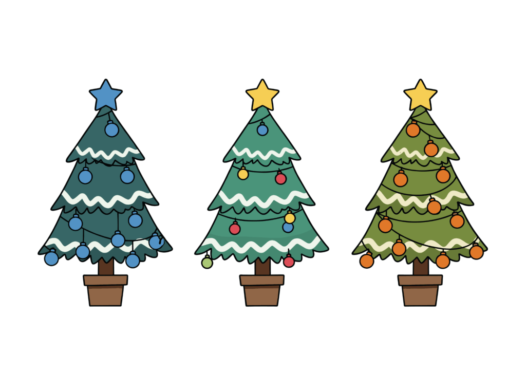 3本のクリスマスツリーの無料イラスト｜幼児向け｜簡単でかわいい｜冬のイベント｜ダウンロード
