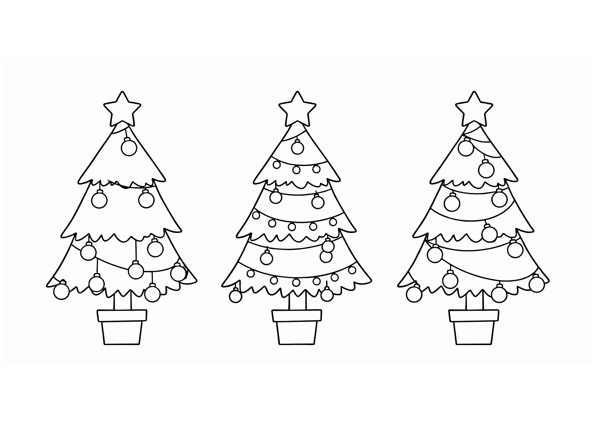 クリスマスツリーの塗り絵｜幼児向け｜3本のかわいい木と飾り｜見本付き無料ダウンロード