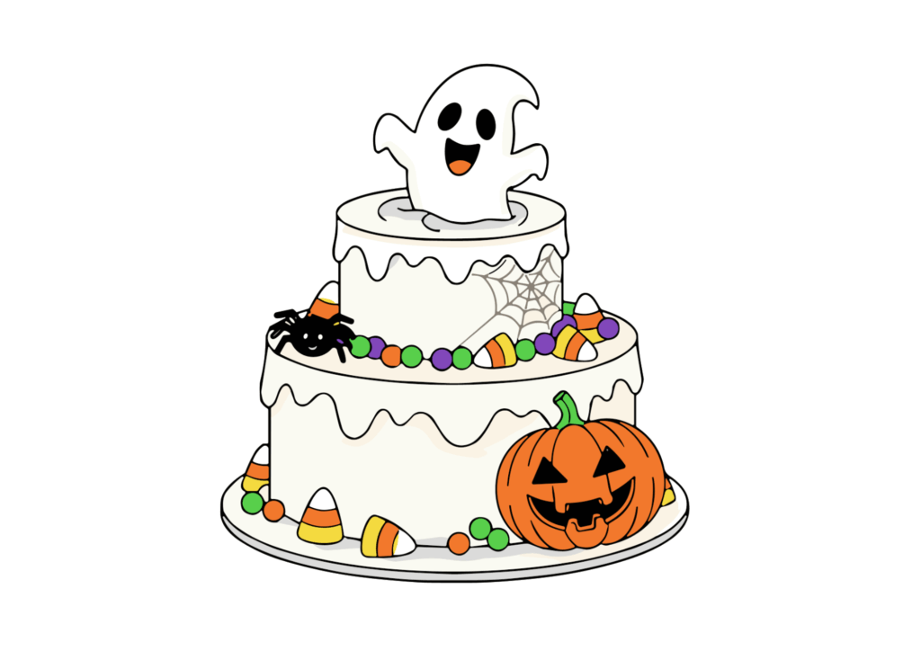 ハロウィンケーキの塗り絵｜幼児向け｜おばけとかぼちゃがかわいい｜簡単な無料ダウンロード素材