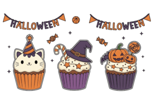 ハロウィンのカップケーキぬりえ｜幼児向け｜かわいく楽しい10月素材｜無料ダウンロード対応