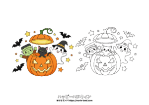 ハロウィンの無料ぬりえ｜幼児向け｜かぼちゃ・おばけ・ねこ｜かわいい｜ダウンロード