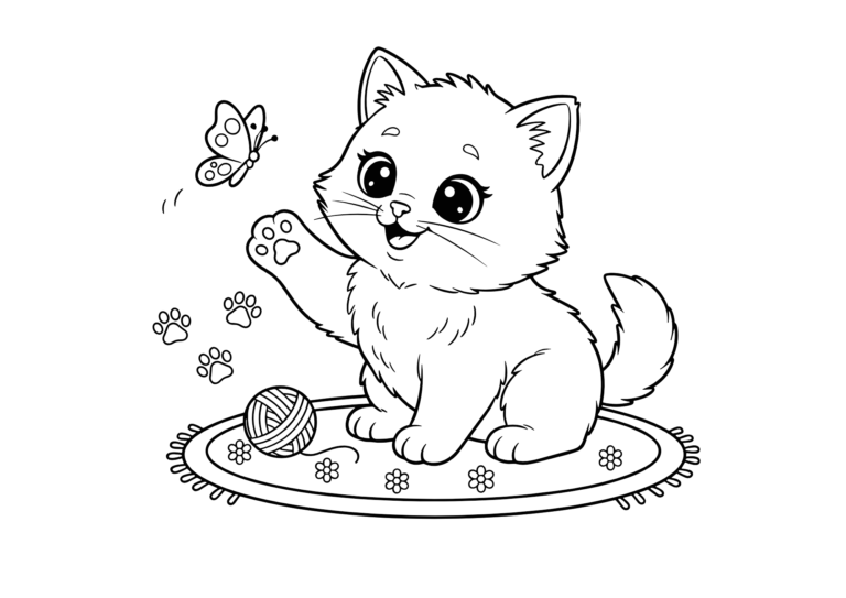 Kitten and butterfly coloring page - color sample, free download