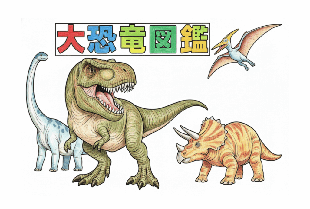 大恐竜図鑑の無料ぬりえ｜幼児向け｜ティラノサウルス・トリケラトプス・プテラノドン｜ダウンロード