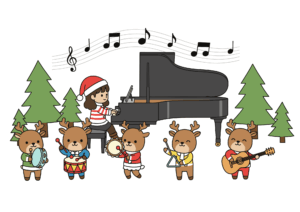 ピアノとトナカイたちの無料ぬりえイラスト｜幼児向け｜楽器で楽しい｜冬のイベント｜ダウンロード
